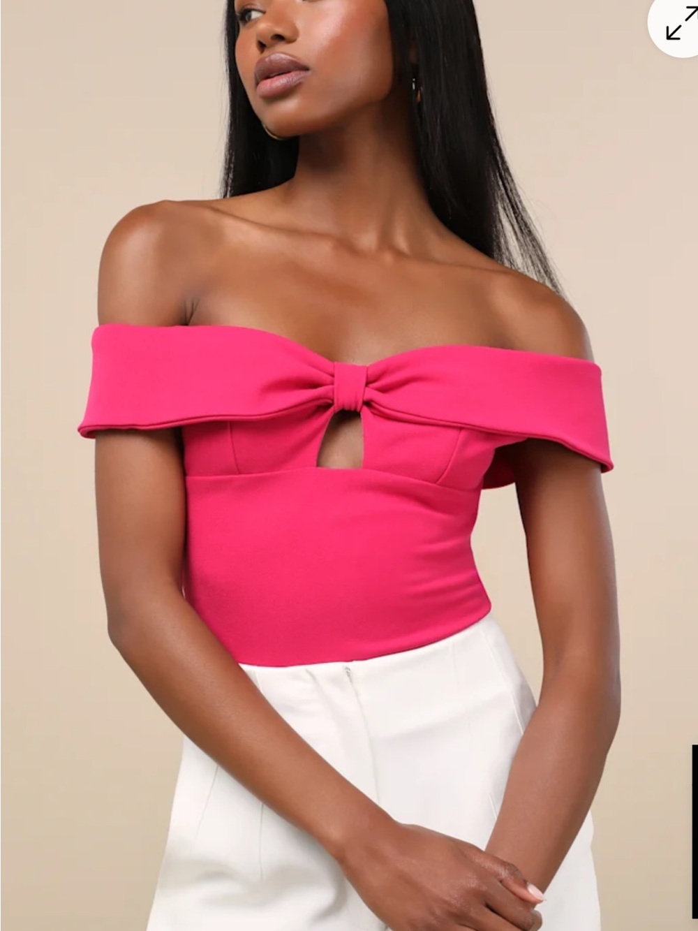 Lulu's Hot Pink Off-Shoulder Knot Front Bodysuit